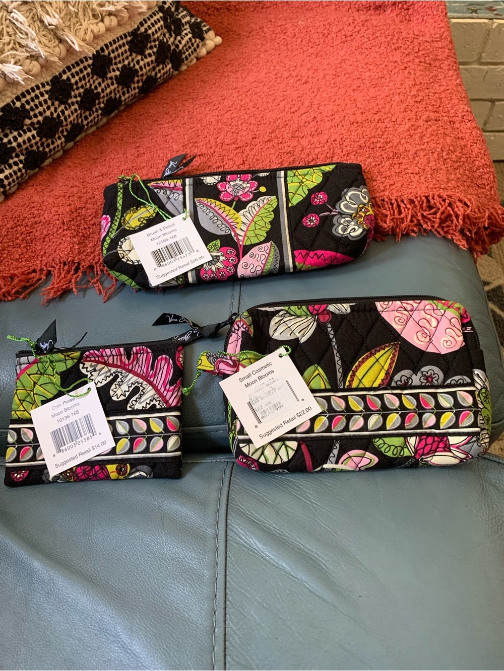 Three Vera Bradley Moon Blooms Set-Brush & Pencil; Small Cosmetic; & Coin Purse